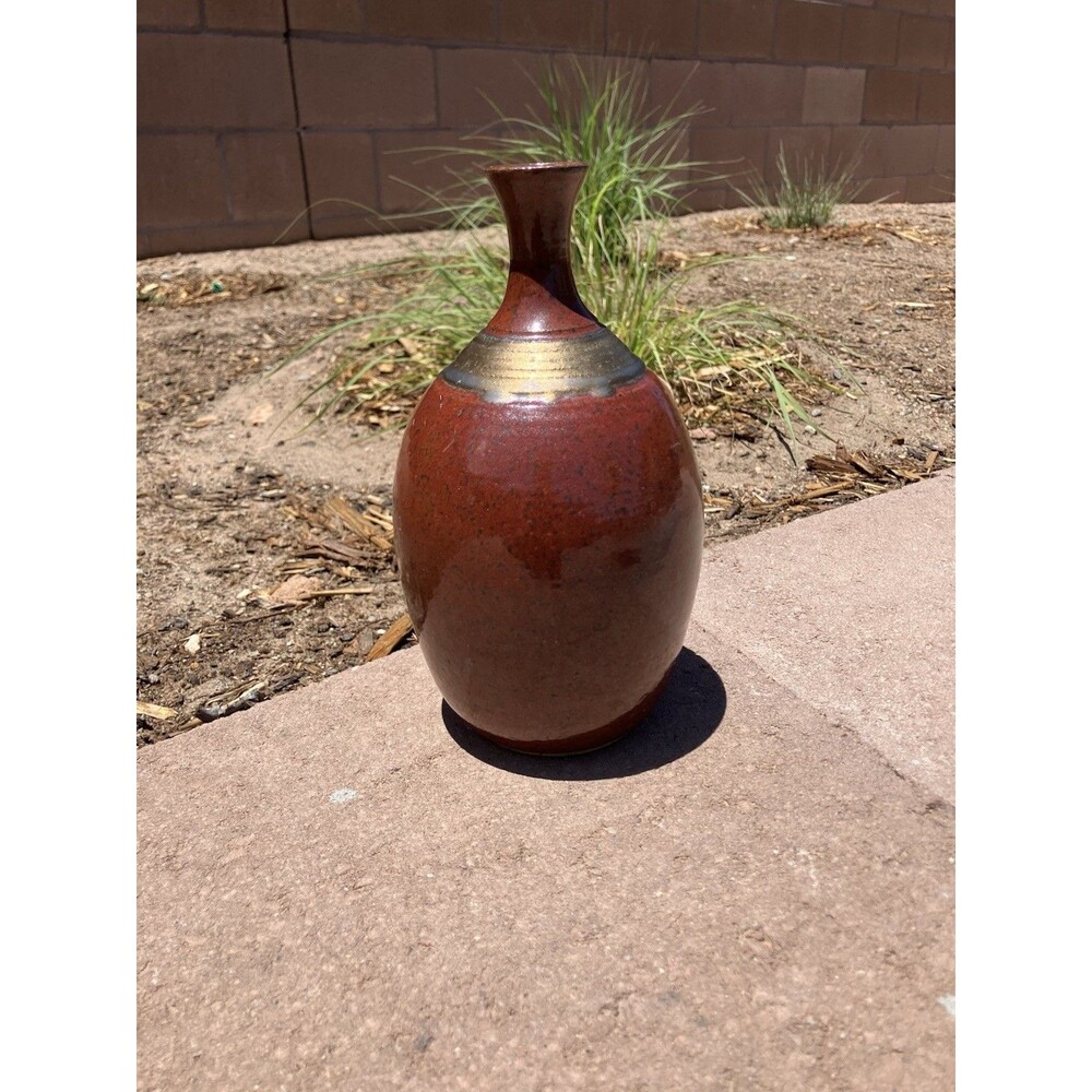 Signed Studio Pottery Bar BT’14 Stoneware Red Brown Glaze Handmade 9”